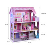 Houten poppenhuis - met meubels - 60x24x70 cm - 3 etages - roze