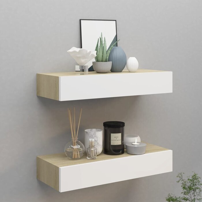 Wandregale mit Schublade (2er-Set, Eiche Weiß) - Jetzt bis zu 35% sparen!