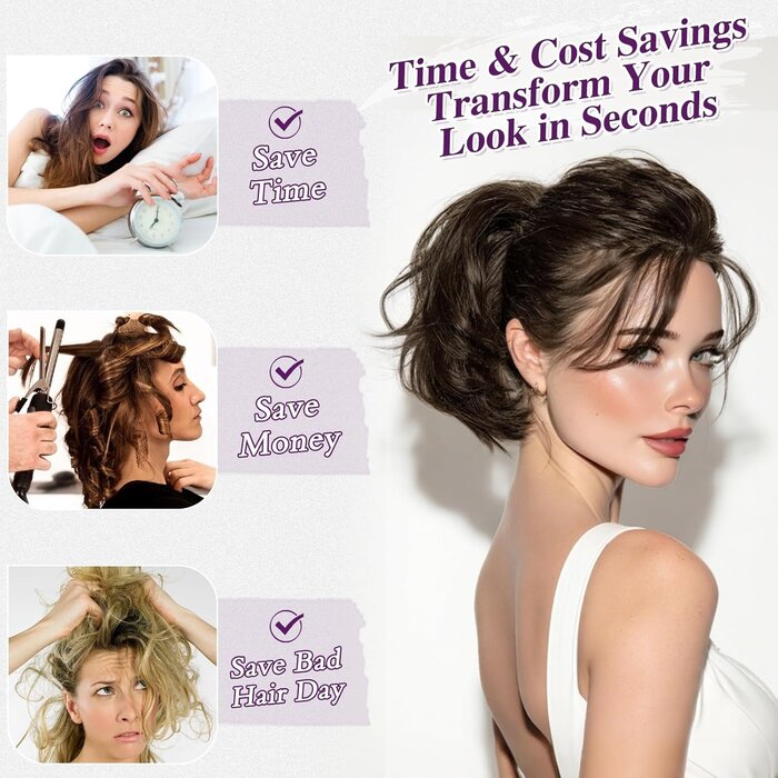 Haarteil mit Messy Bun & Zopf, 20cm Echthaar, Dunkelbraun, für Damen