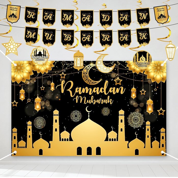 Großes Ramadan Mubarak Banner Schwarz 180x110cm Polyester/Karton mit Moschee, Sternen & Mond - Outlet