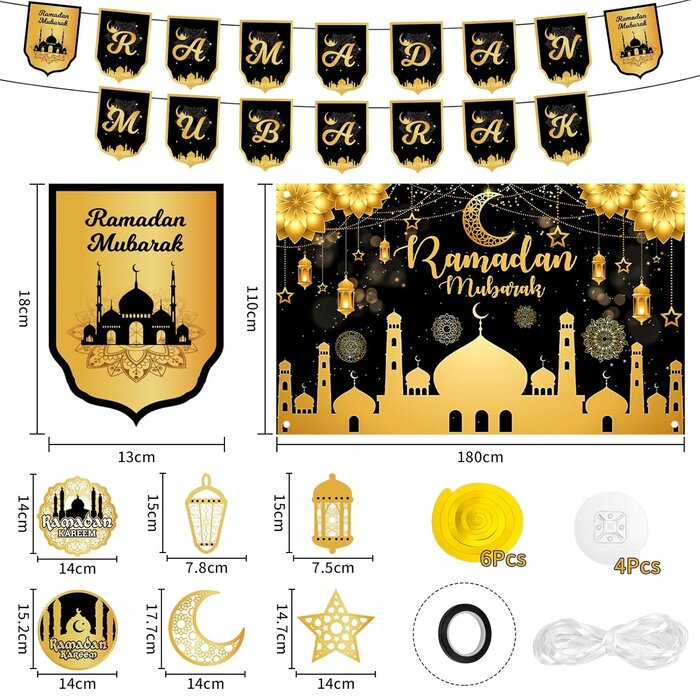 Großes Ramadan Mubarak Banner Schwarz 180x110cm Polyester/Karton mit Moschee, Sternen & Mond - Outlet