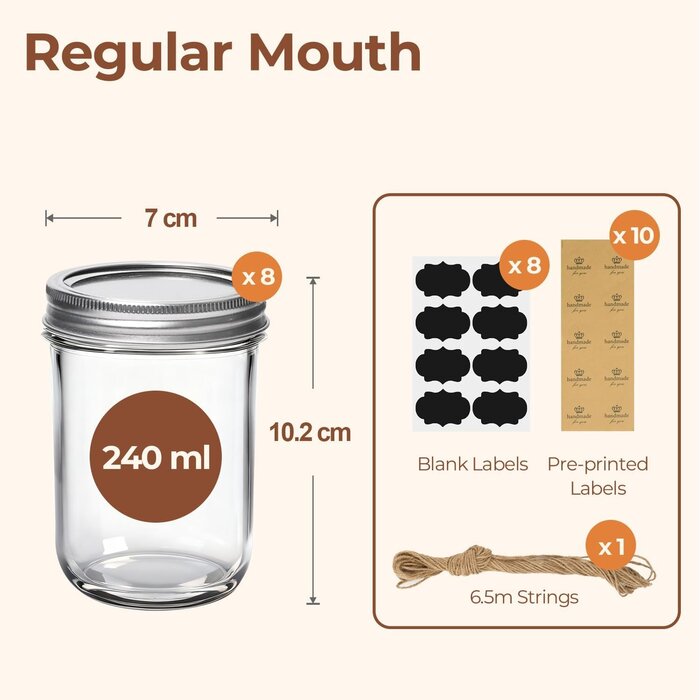 Glas-Aufbewahrungsgläser mit Deckel, 240ml, 8 Stück, Glas - Ideal für Kräuter, Marmelade & mehr