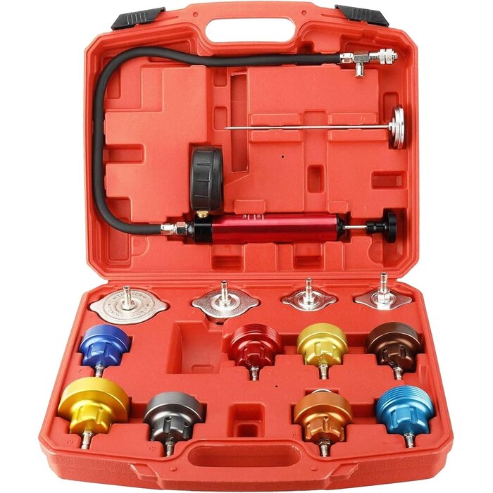 Kühlersystem-Druckprüfgerät, 14-teiliges Set zur Erkennung von Kühlkreislauf-Lecks, universell einsetzbar mit Pumpe & Adaptern