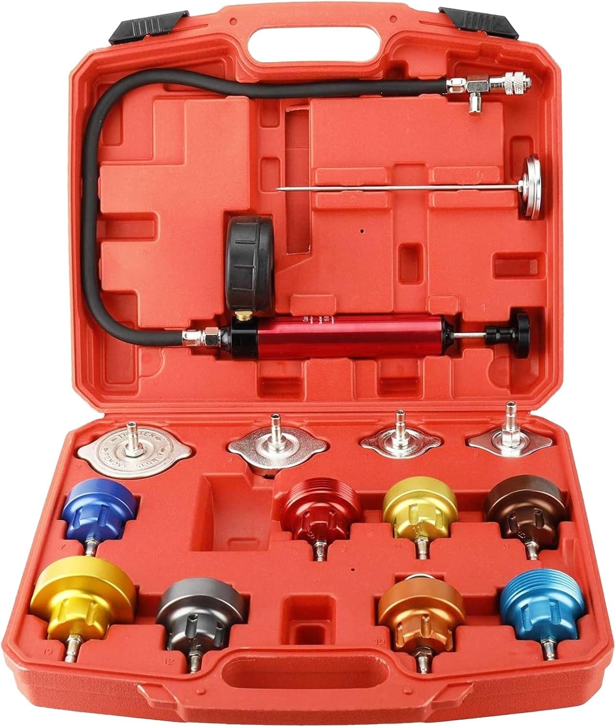 Kühlersystem-Druckprüfgerät, 14-teiliges Set zur Erkennung von Kühlkreislauf-Lecks, universell einsetzbar mit Pumpe & Adaptern