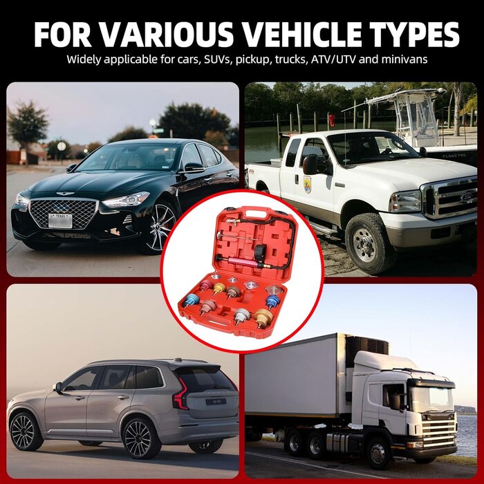 Kühlersystem-Druckprüfgerät, 14-teiliges Set zur Erkennung von Kühlkreislauf-Lecks, universell einsetzbar mit Pumpe & Adaptern