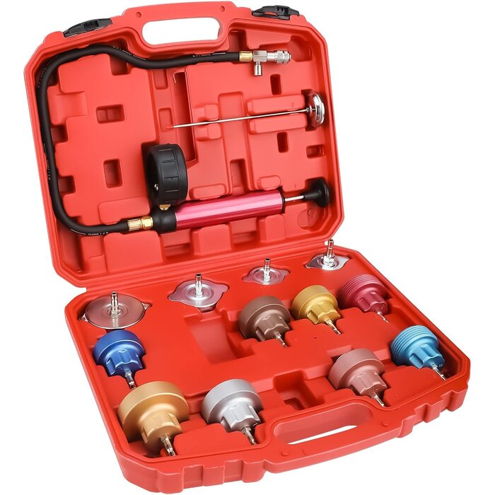 Kühlersystem-Druckprüfgerät, 14-teiliges Set zur Erkennung von Kühlkreislauf-Lecks, universell einsetzbar mit Pumpe & Adaptern