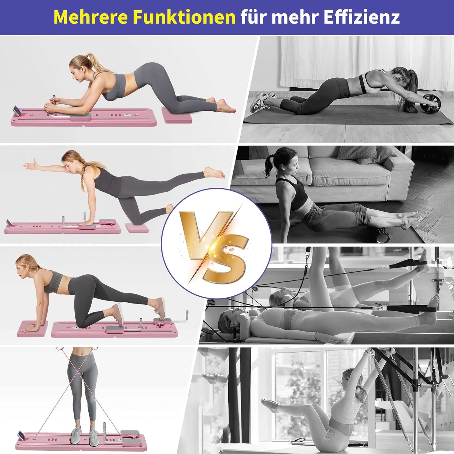 Pilates Board, 5-in-1 Multifunktions-Reformer mit Ab Roller, für Home Fitness (Pink)