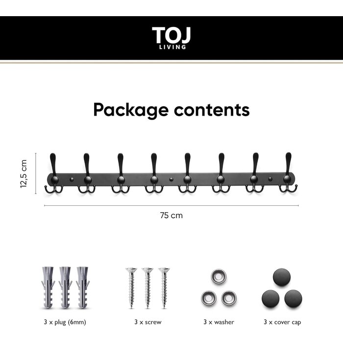 TOJ Wandgarderobe mit 24 Haken - Edelstahl, Mattschwarz, 75CM
