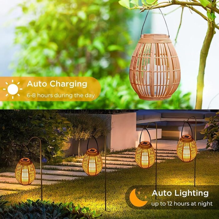 Solar-Gartenlaterne mit flackernder Kerze - Holzoptik Kunststoff, Hängend/Stehend, IP44 Wasserdicht, 23cm Höhe