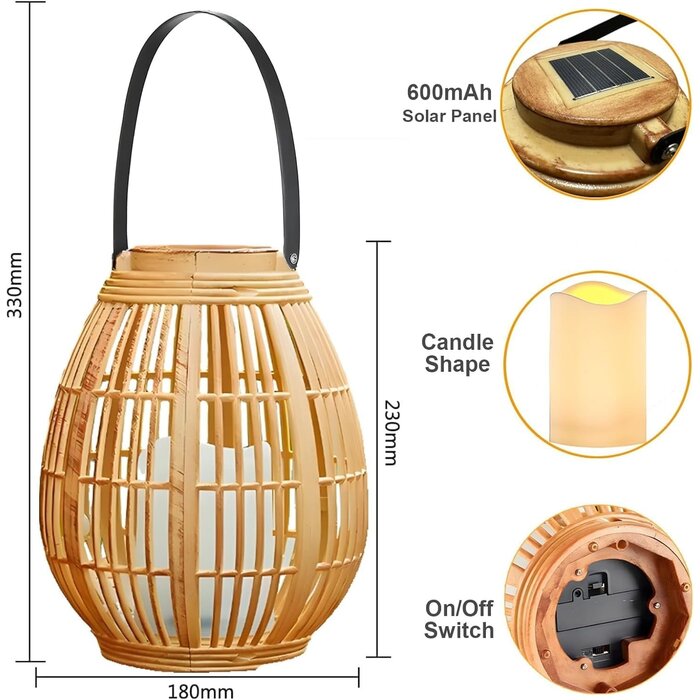 Solar-Gartenlaterne mit flackernder Kerze - Holzoptik Kunststoff, Hängend/Stehend, IP44 Wasserdicht, 23cm Höhe