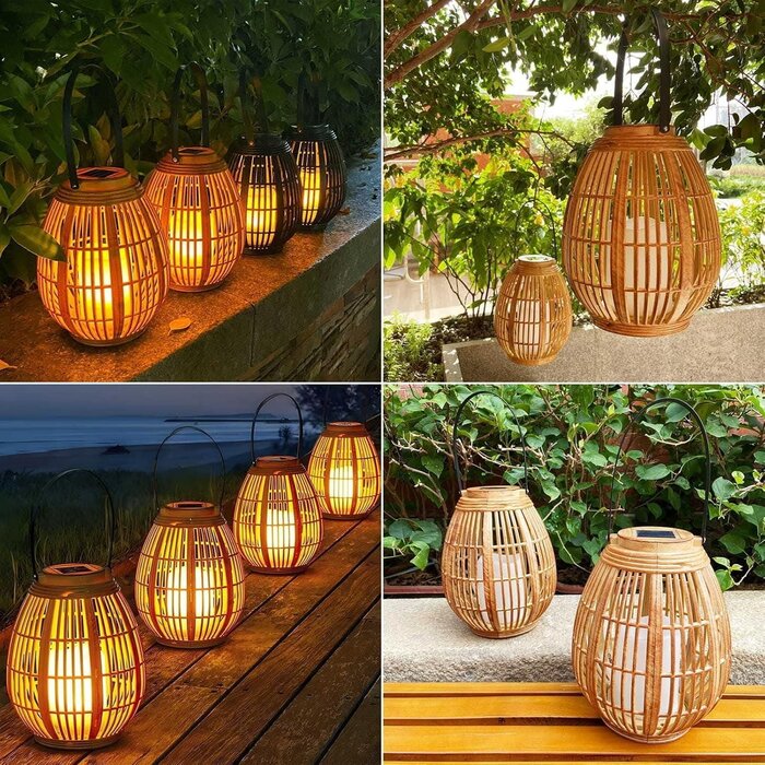 Solar-Gartenlaterne mit flackernder Kerze - Holzoptik Kunststoff, Hängend/Stehend, IP44 Wasserdicht, 23cm Höhe