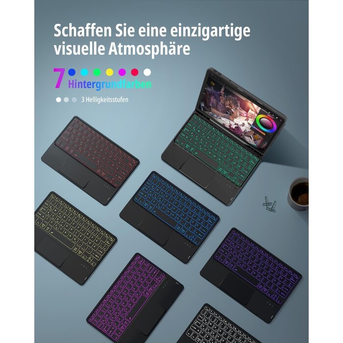 QWERTZ Tastaturhülle für 11" Lenovo IdeaTab 2025 mit Touchpad & 7-Farben-Beleuchtung, Schwarz, Abnehmbar, Bluetooth