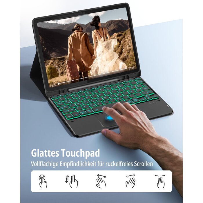 QWERTZ Tastaturhülle für 11" Lenovo IdeaTab 2025 mit Touchpad & 7-Farben-Beleuchtung, Schwarz, Abnehmbar, Bluetooth