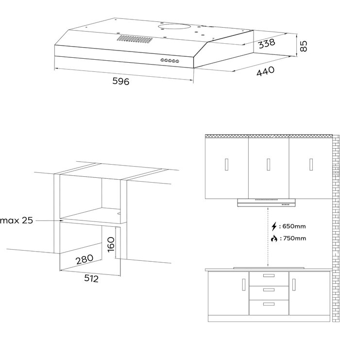 Unterbau Dunstabzugshaube 60cm, Edelstahloptik, Umluft/Abluft, 3 Leistungsstufen, Energieeffizienz A+