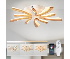 Holz Deckenleuchte, Wohnzimmerlampe Dimmbar mit Memory Funktion, 3850lm, 36W, 3000K-6000K LED, Ø 70 cm