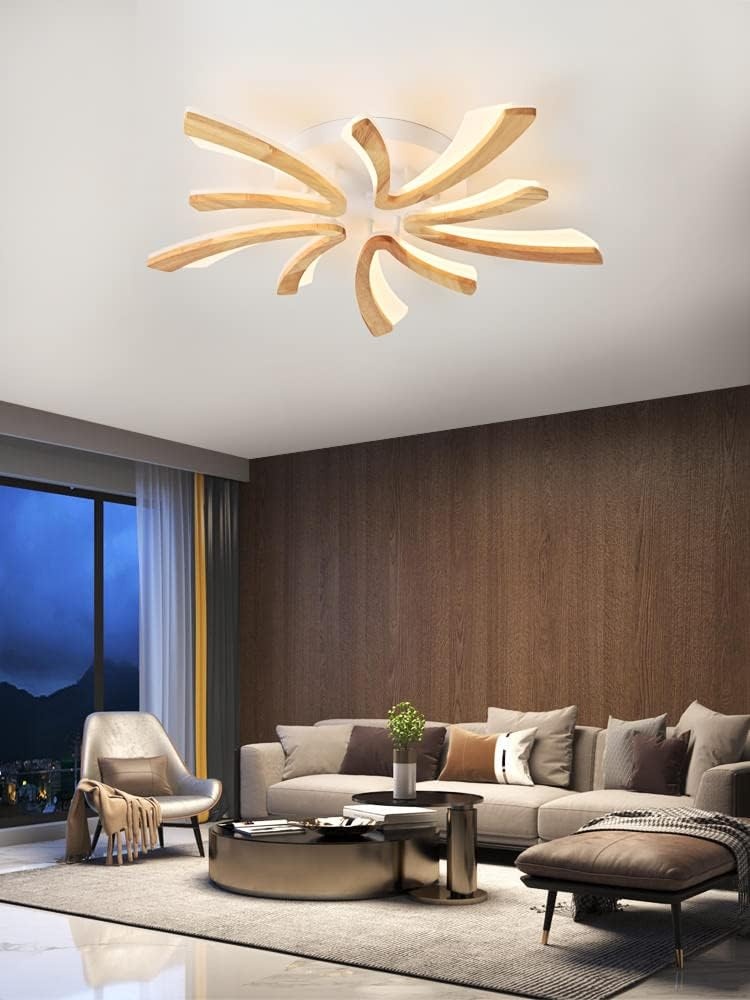 Holz Deckenleuchte, Wohnzimmerlampe Dimmbar mit Memory Funktion, 3850lm, 36W, 3000K-6000K LED, Ø 70 cm
