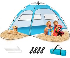 Strandmuschel für 2-4 Personen, Automatisches Pop-Up Strandzelt, UV50+ Sonnenschutz, 2 Türen, Familien Strand Camping Garten BBQ Wandern