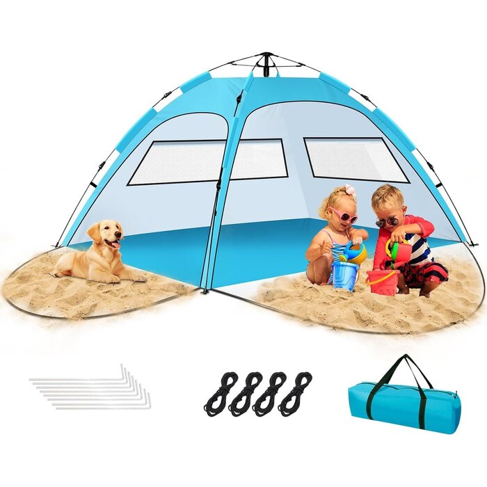 Strandmuschel für 2-4 Personen, Automatisches Pop-Up Strandzelt, UV50+ Sonnenschutz, 2 Türen, Familien Strand Camping Garten BBQ Wandern