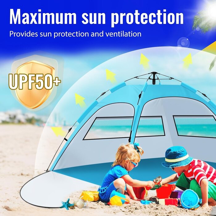 Strandmuschel für 2-4 Personen, Automatisches Pop-Up Strandzelt, UV50+ Sonnenschutz, 2 Türen, Familien Strand Camping Garten BBQ Wandern