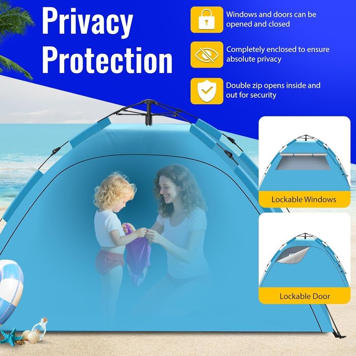 Strandmuschel für 2-4 Personen, Automatisches Pop-Up Strandzelt, UV50+ Sonnenschutz, 2 Türen, Familien Strand Camping Garten BBQ Wandern