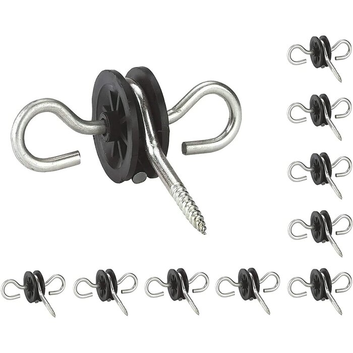 10x Elektrozaunpfähle, Verzinkter Stahl, Kunststoff, Schwarz, Doppelhakentür-Isolatoren für Weidezaun