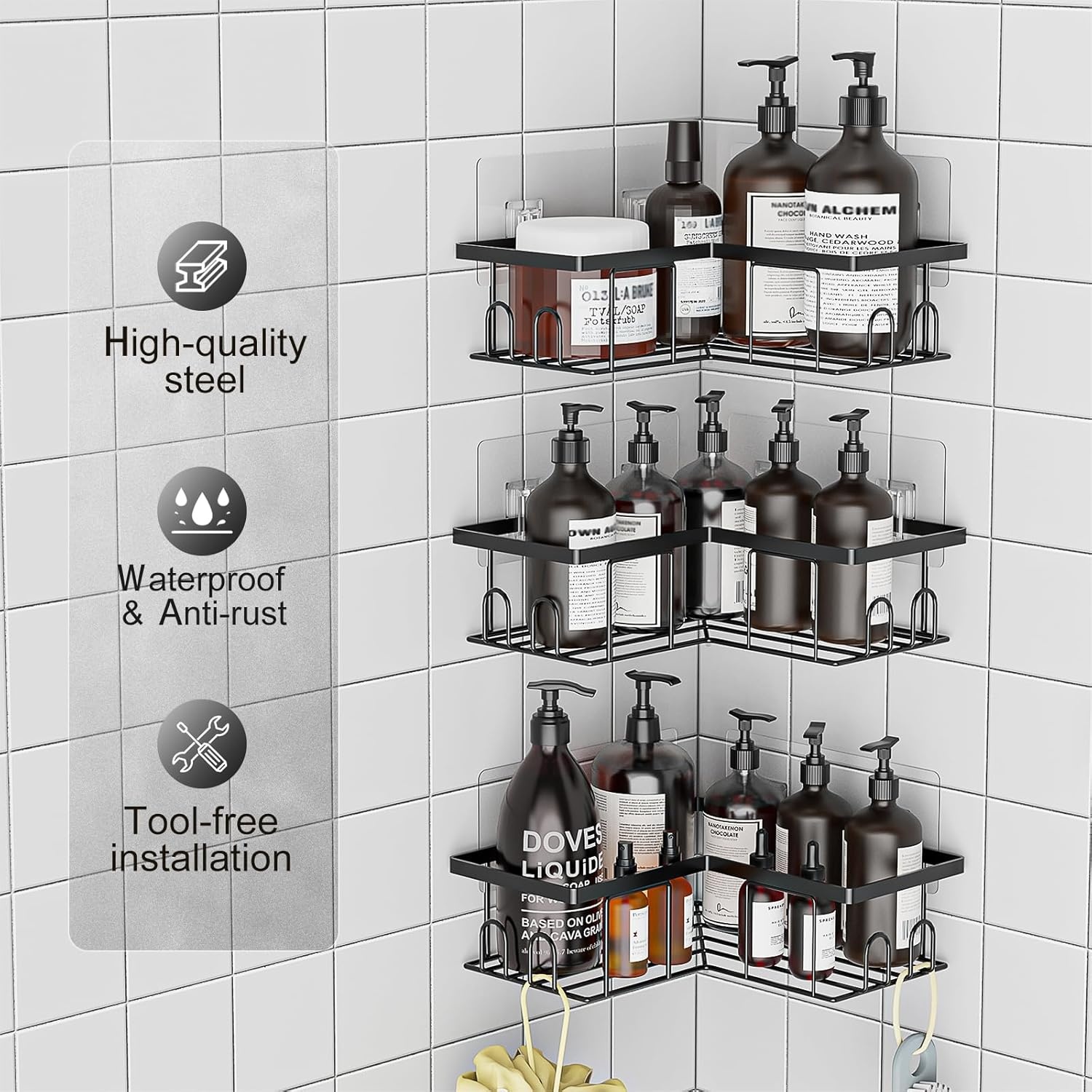 Klemmbare Duschablage, 3er-Set Schwarz, Eck-Duschkorb, Selbstklebend, Badezimmer-Organizer, Shampoo-Halter für Dusche (Eck-Duschablage 3 Stück)