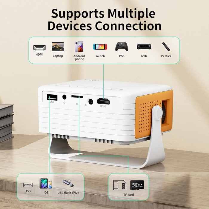 Mini Projektor, Full HD 1080p, tragbar, Heimkino Beamer für Smartphones, PS5, Kinder