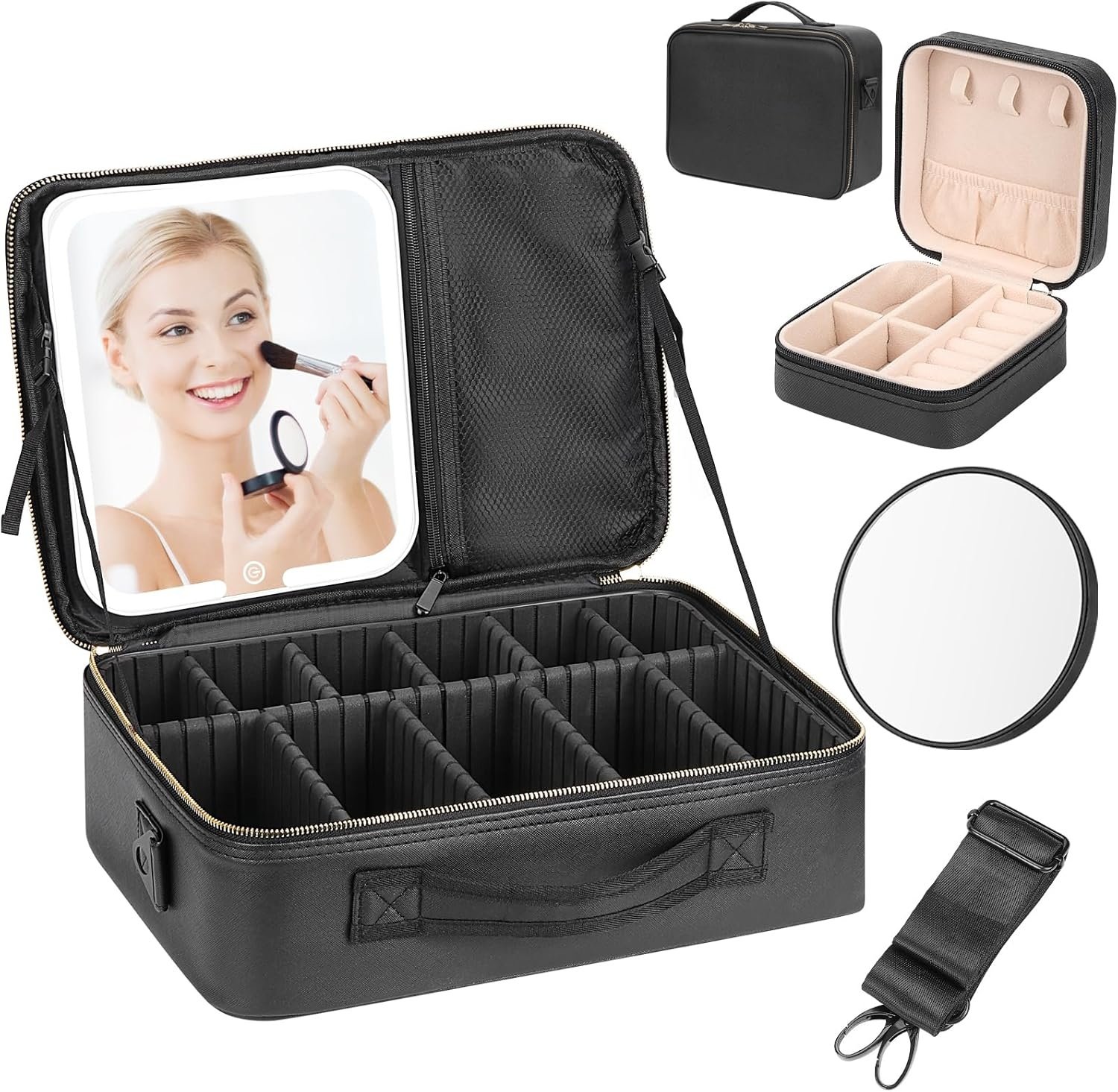 Großer Kosmetik-Organizer mit Spiegel, Licht und Tragegurt, PU-Leder, Schwarz