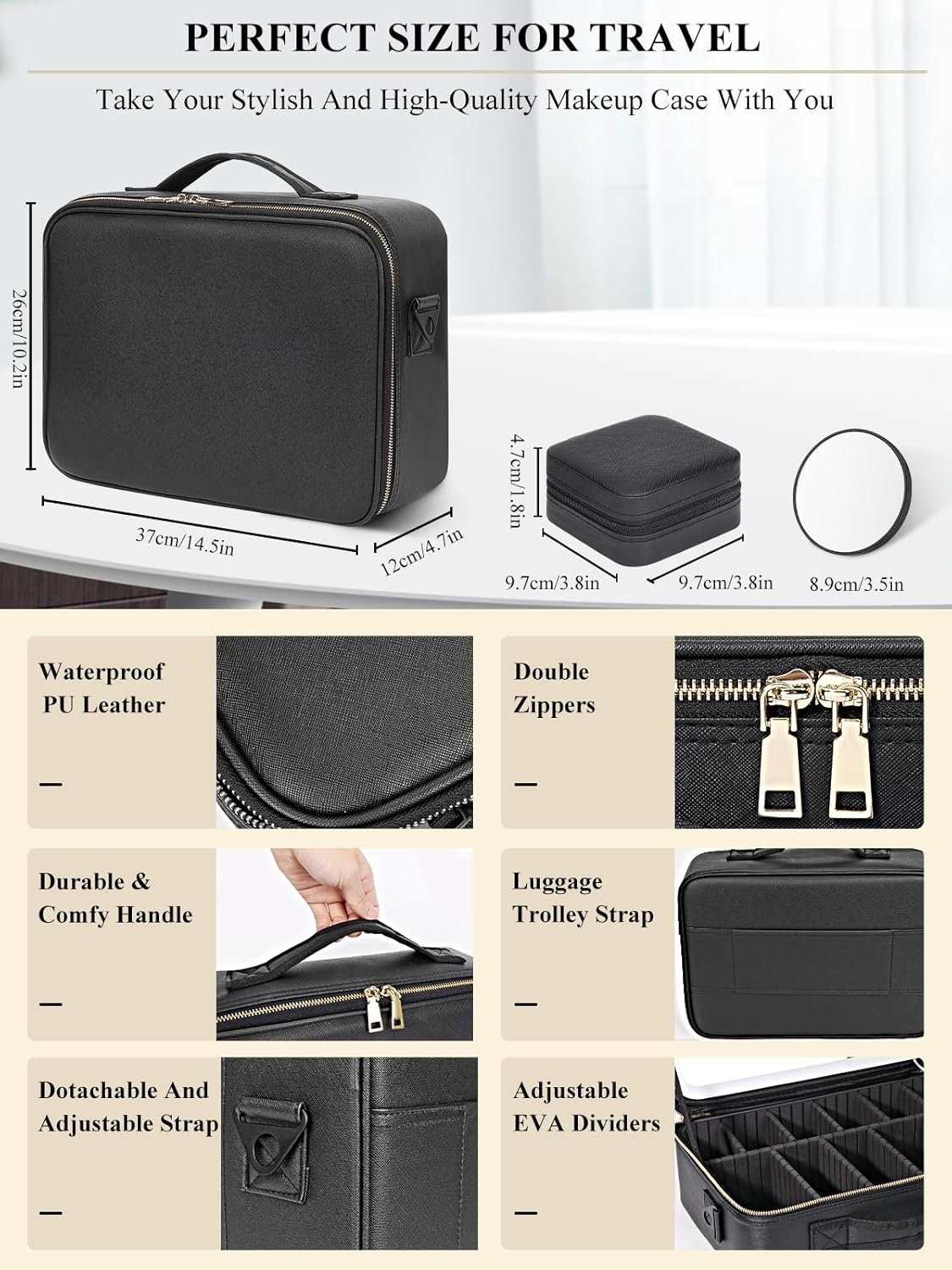 Großer Kosmetik-Organizer mit Spiegel, Licht und Tragegurt, PU-Leder, Schwarz