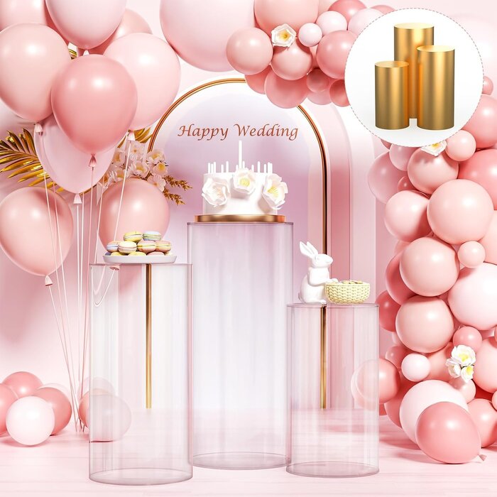 Zylinder Podest Ständer für Partys (3er Set) - PVC mit Goldbezug, transparent, für Geburtstage & Hochzeiten