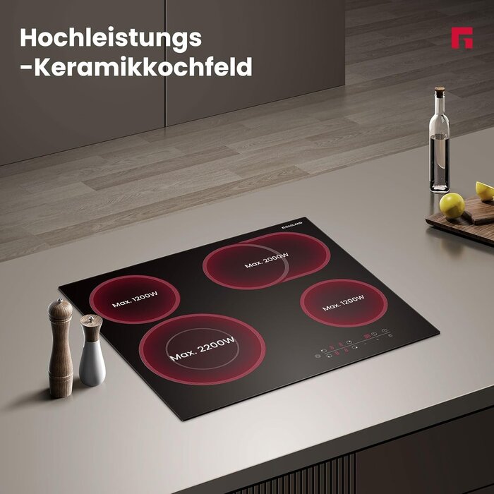 Induktionskochfeld 60cm Schwarz Keramik, 4 Zonen, 6600W – Outlet