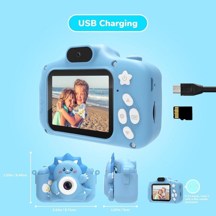 Digitalkamera für Kinder, Blau, 2.0 Zoll IPS Bildschirm, 1080P HD, inkl. 32GB TF-Karte, Silikon
