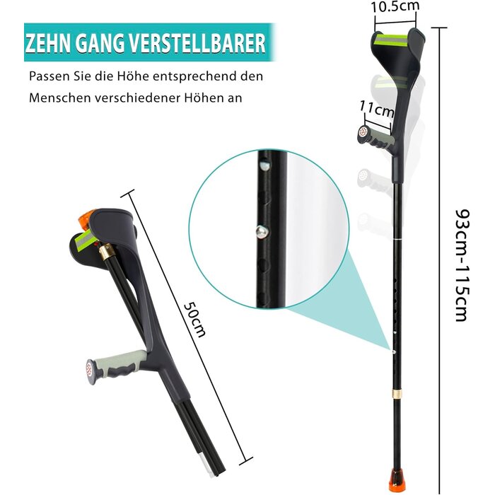 Klappbare Unterarm-Gehstützen, 2er-Set, Schwarz, Leichte Gehhilfen für Erwachsene, Höhenverstellbar, Für Rehabilitation