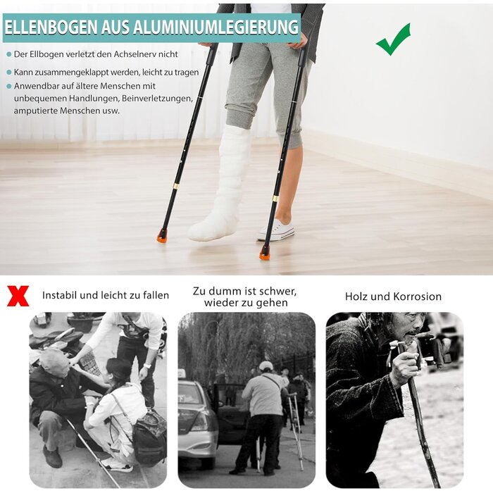 Klappbare Unterarm-Gehstützen, 2er-Set, Schwarz, Leichte Gehhilfen für Erwachsene, Höhenverstellbar, Für Rehabilitation