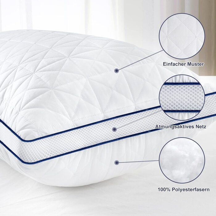 Kissen-Set, 2x 80x80 cm, 1500g Füllung, Mikrofaser, verstellbare Höhe, atmungsaktiv, waschbar