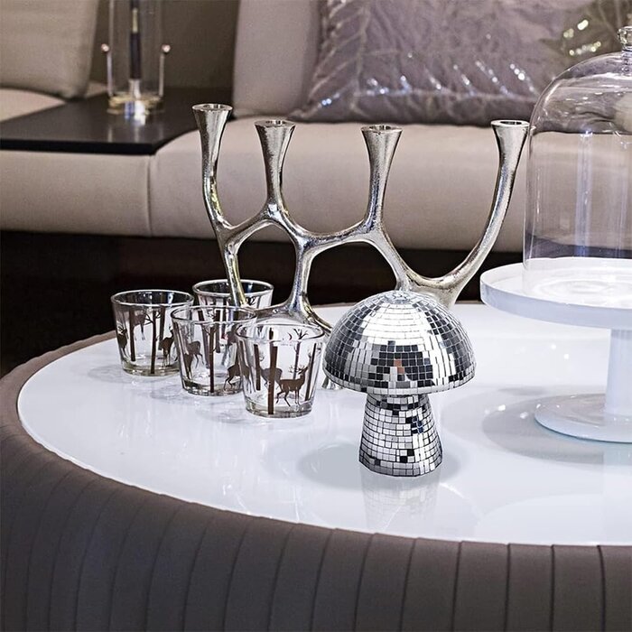 Silberne Pilz Discokugel Deko 11 cm - Schaumstoff mit Spiegelmosaik