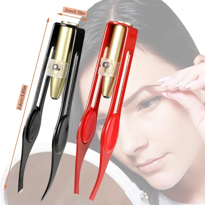2er Set LED Pinzetten, Wimpernpinzette, Augenbrauenpinzette, Edelstahl, Schwarz & Rot