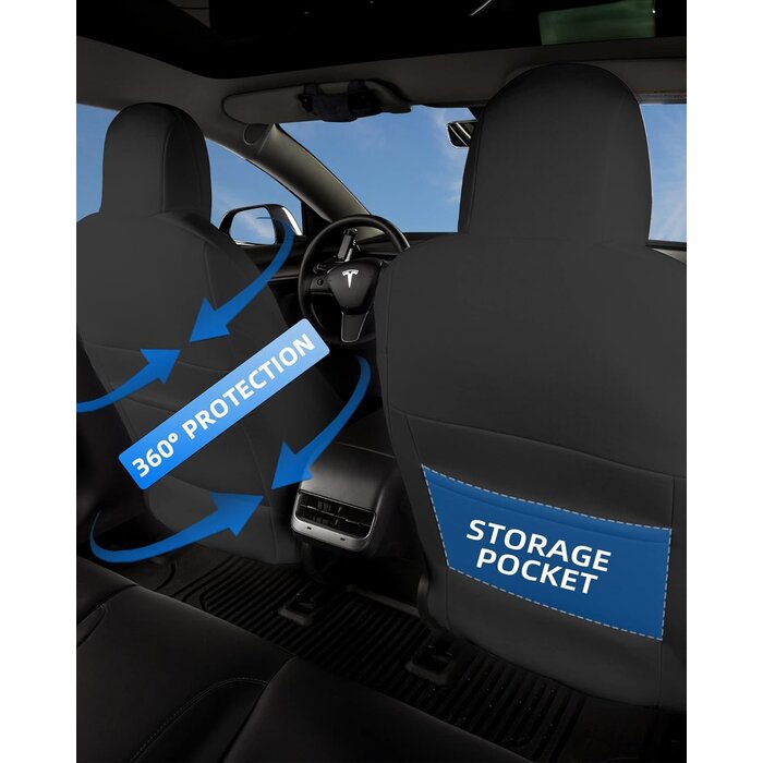 TOYOUN Tesla Model 3 Sitzbezüge Komplettset, Maßgeschneidert, Stoff, Vollständig Ummantelt, Schwarz