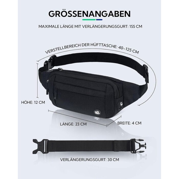 Unisex Sport Bauchtasche: Kleine Gürteltasche für Damen & Herren, mit Verlängerungsgurt für Reisen, Wandern, Hundetraining, Schwarz, Klein