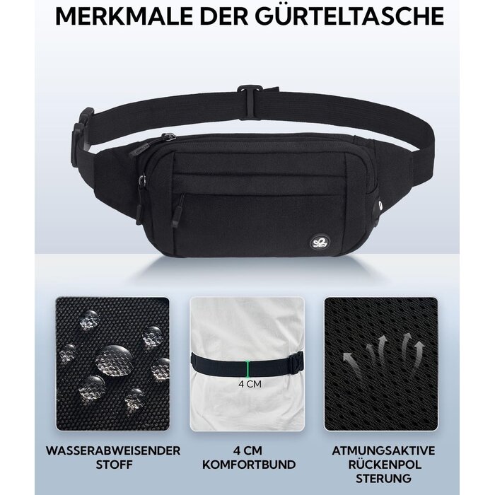 Unisex Sport Bauchtasche: Kleine Gürteltasche für Damen & Herren, mit Verlängerungsgurt für Reisen, Wandern, Hundetraining, Schwarz, Klein