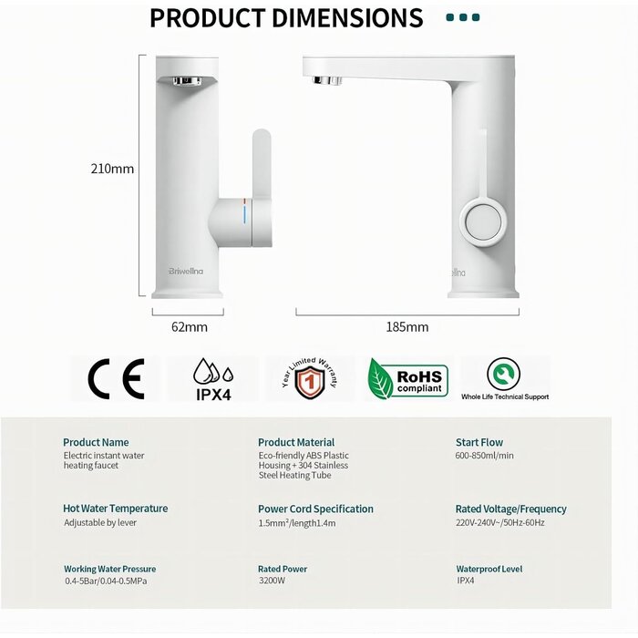 Elektrischer Durchlauferhitzer Wasserhahn für Badezimmer - Digitalanzeige (Weiß) - Outlet