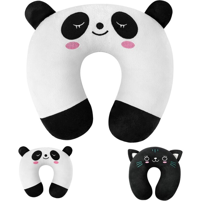 Memory Foam Nackenkissen für Kinder & Erwachsene - U-Form Kopfstütze für Flugzeug, Camping, Auto - Weißes Panda Muster