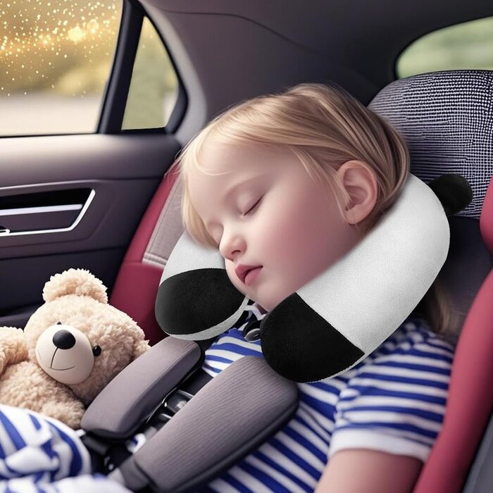 Memory Foam Nackenkissen für Kinder & Erwachsene - U-Form Kopfstütze für Flugzeug, Camping, Auto - Weißes Panda Muster