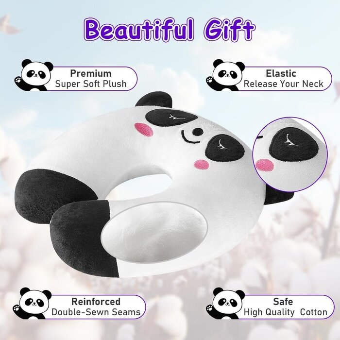 Memory Foam Nackenkissen für Kinder & Erwachsene - U-Form Kopfstütze für Flugzeug, Camping, Auto - Weißes Panda Muster