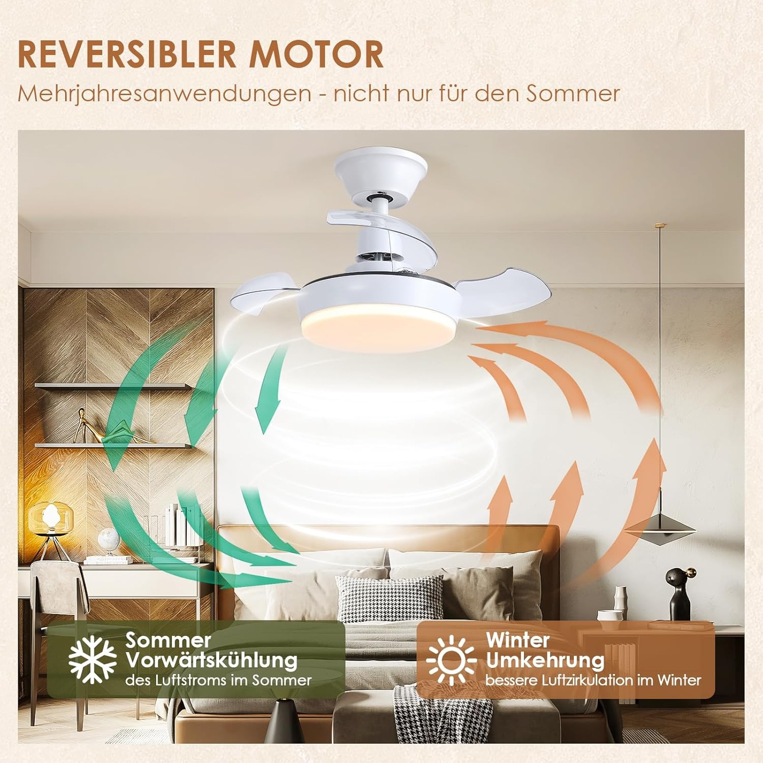 Deckenventilator mit Licht, 60cm, Modern, Einziehbar, 6 Geschwindigkeiten, Weiß
