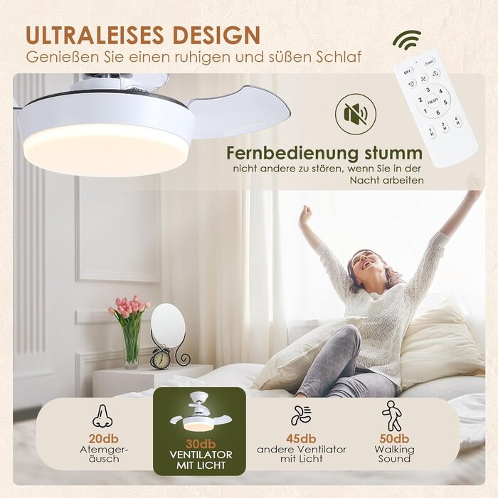Deckenventilator mit Licht, 60cm, Modern, Einziehbar, 6 Geschwindigkeiten, Weiß