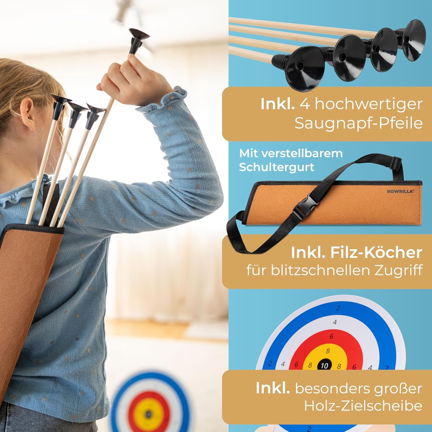 Kinder Bogen- und Pfeilset aus Holz mit 4 Saugnapfpfeilen, Zielscheibe und Köcher – Lernspielzeug für Kinder ab 5 Jahren, für drinnen und draußen