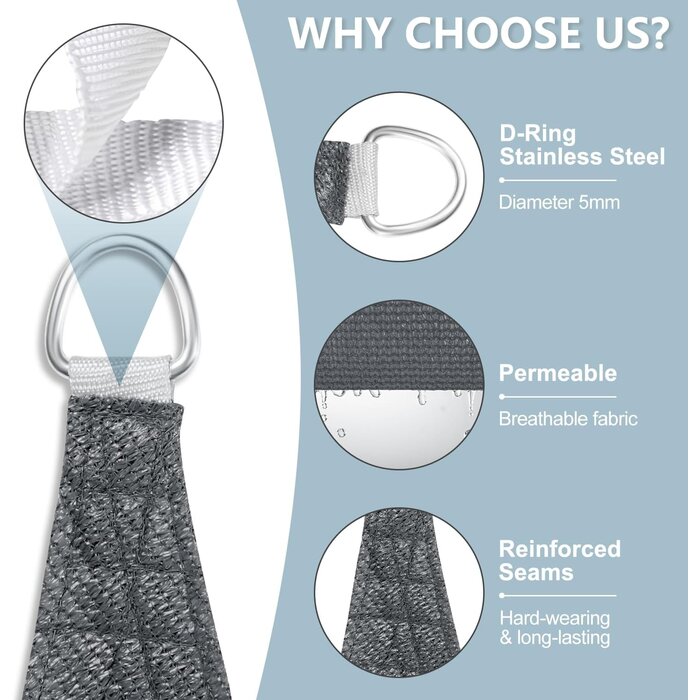 Sonnensegel Rechteckig 2x3m, Anthrazit - Atmungsaktiv, 95% UV-Schutz, inkl. Edelstahl-Montageset