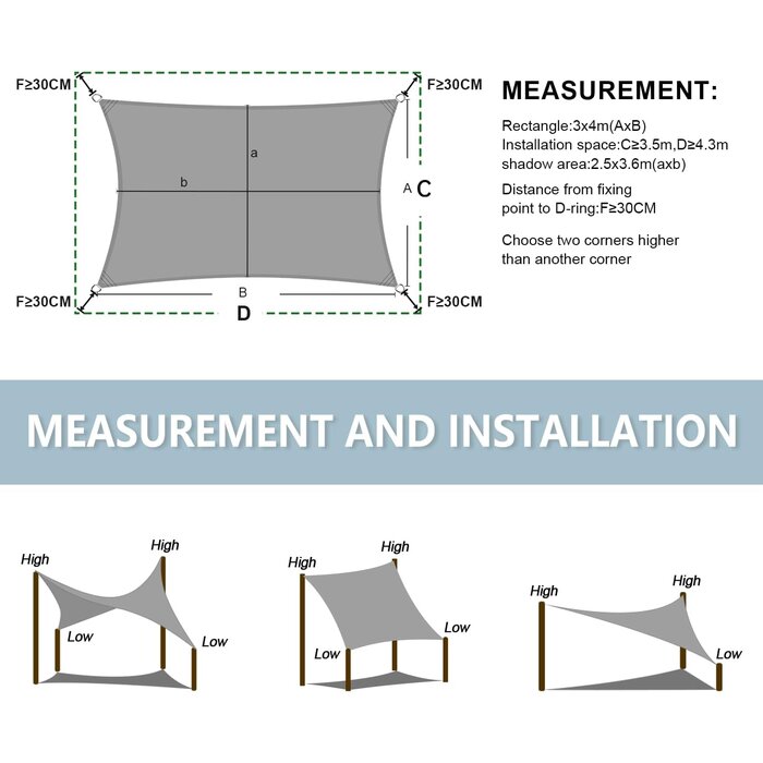 Sonnensegel Rechteckig 2x3m, Anthrazit - Atmungsaktiv, 95% UV-Schutz, inkl. Edelstahl-Montageset