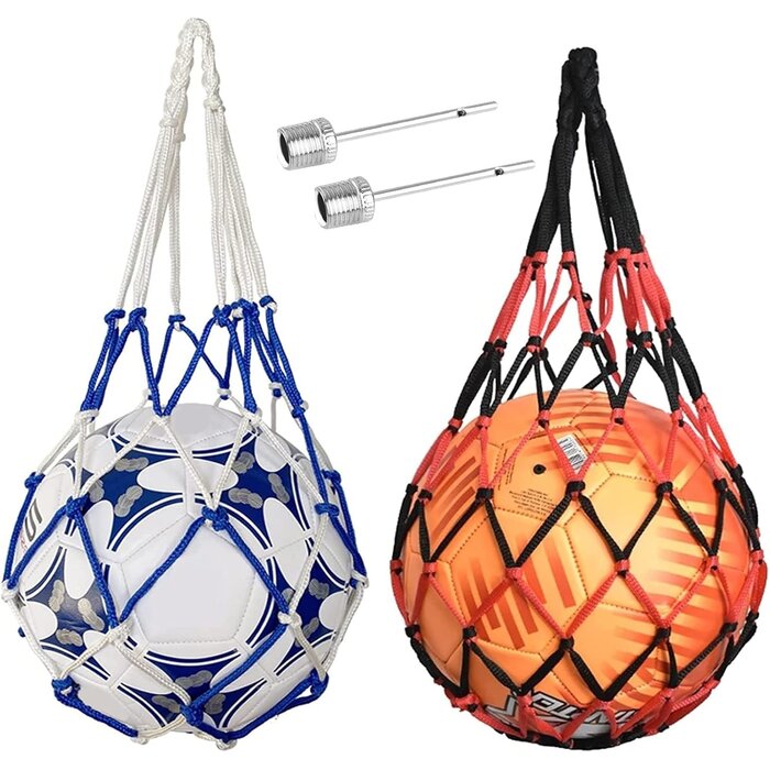 2x Ballnetz | Tragbar & Faltbar | Netzbeutel für Sportbälle | 52x26cm | Polyester | Blau/Schwarz & Weiß/Rot
